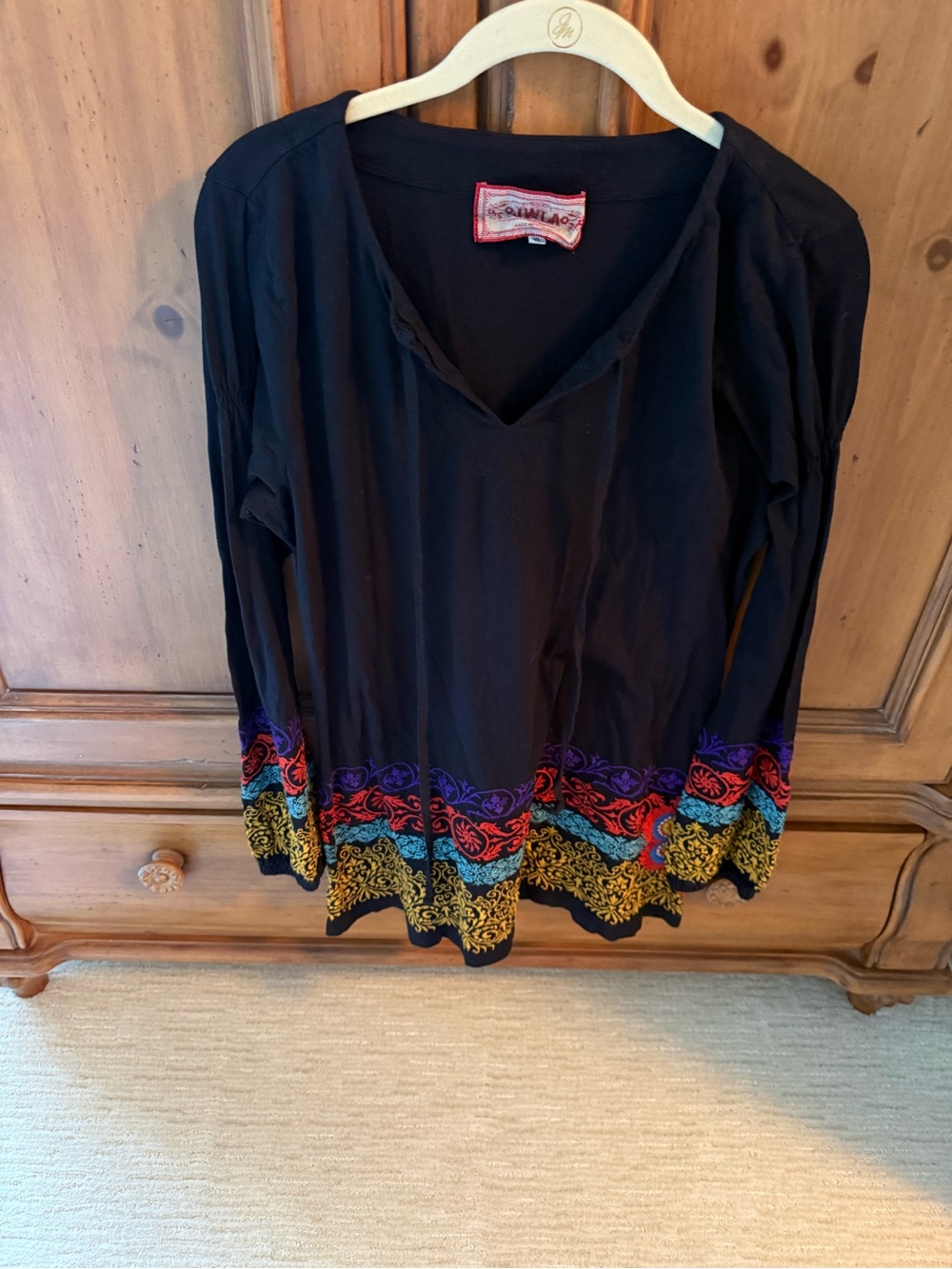 Johnny Was Black Long-Sleeve V-Neck Top with Multicolor Embroidered Hem